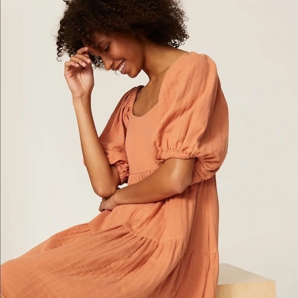 Louna Rust Tiered Puff Sleeve Smocked Mini Dress Size Small - Picture 12 of 12